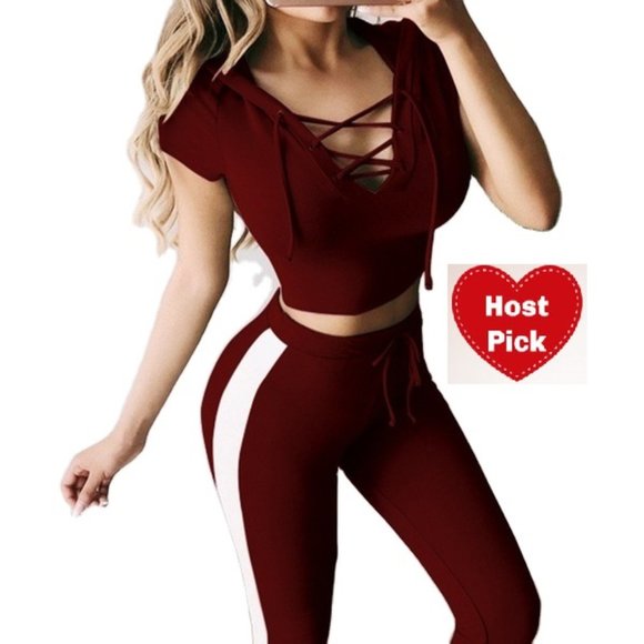 Crop Top Hoodie & Pants 2-piece Tracksuit Set Women's Activewear - Burgundy - Picture 1 of 4